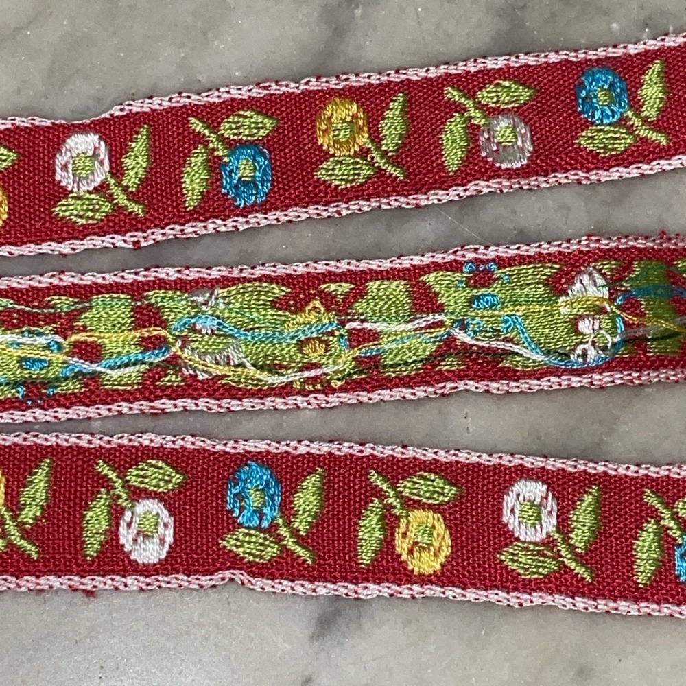 Vintage Red Jacquard Ribbon |‎ 75" Repeating Flowers | Craft Ethnic European